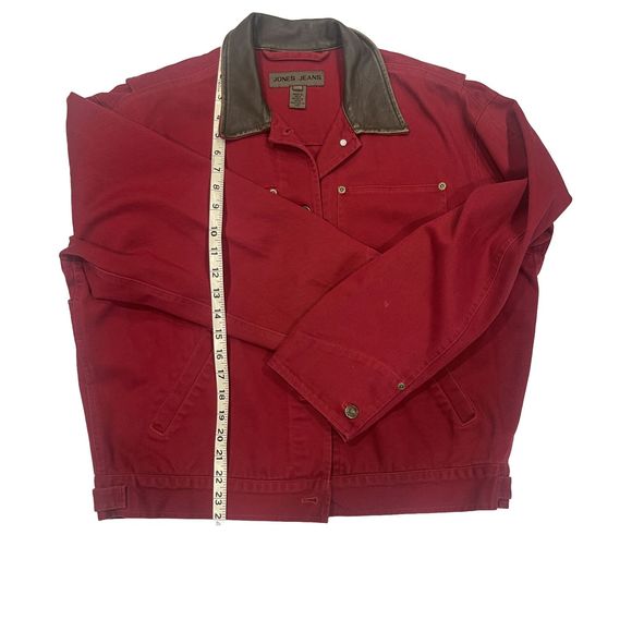 Vintage Jones Jeans Women's Red Denim Jacket Metal Buttons Leather Colla… - Picture 11 of 13